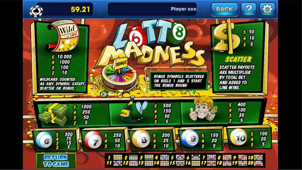 Lotto Madness slot reels with lottery ball and scatter symbols