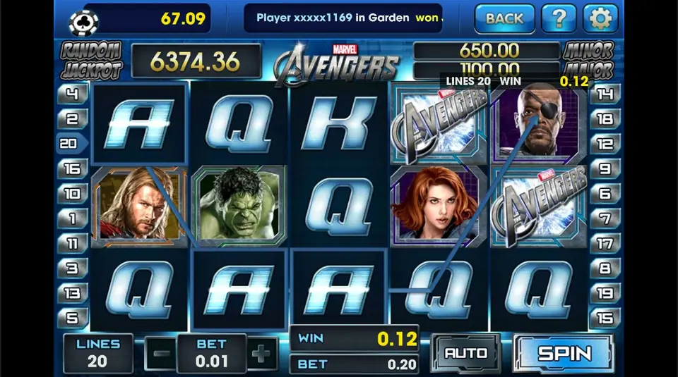 Marvel Avengers paytable with hero symbols and their values