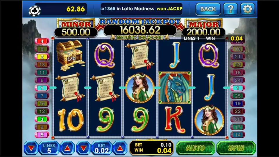 Mystic Dragon bonus game with the Dragon symbol awarding extra spins