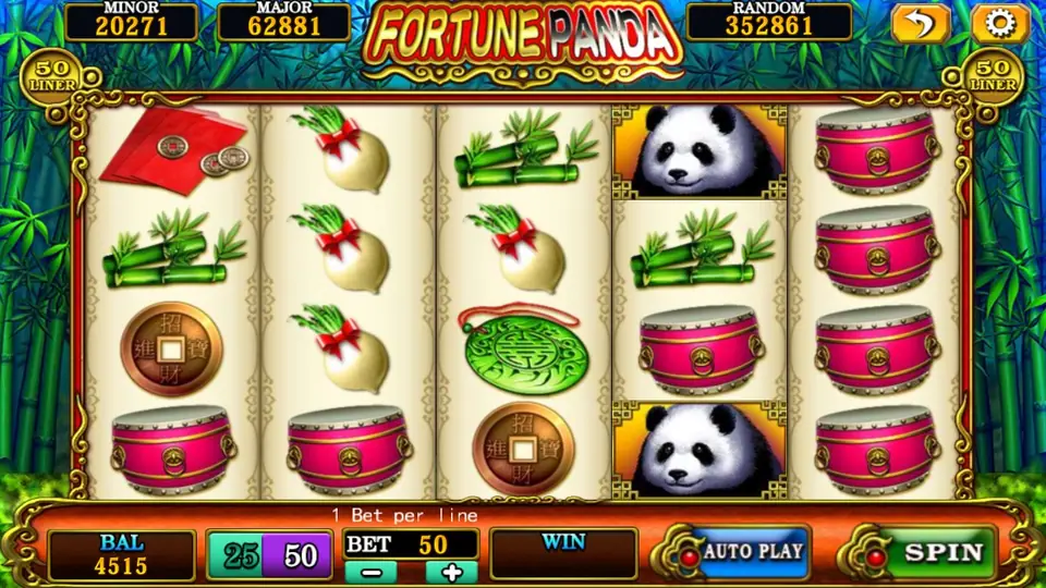 Fortune Panda reels framed in bamboo with a blue forest behind