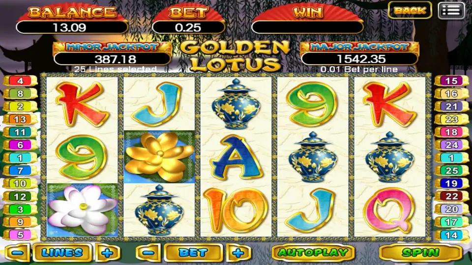 Golden Lotus reels with a golden lotus flower and Chinese lanterns