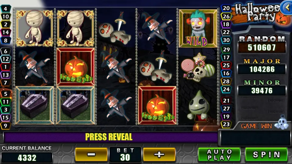 Halloween Party slot reels on 918Kiss with pumpkins and black cats
