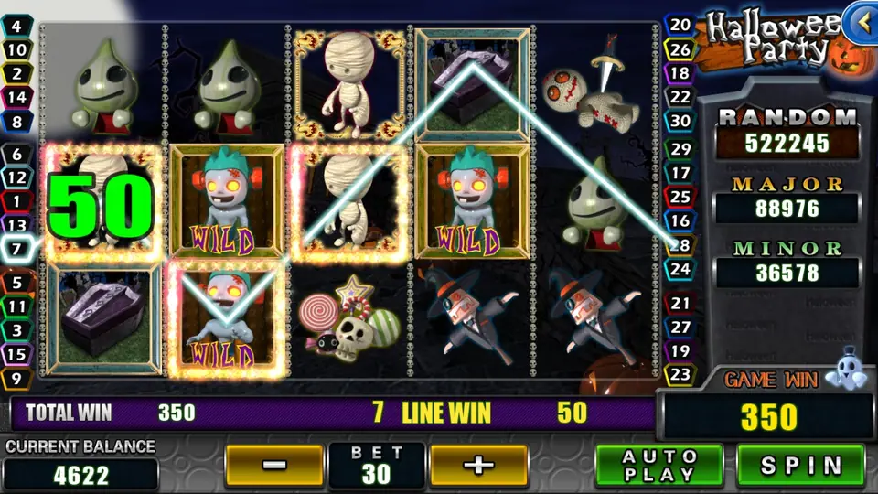 Halloween Party spin showing a wild completing a payline