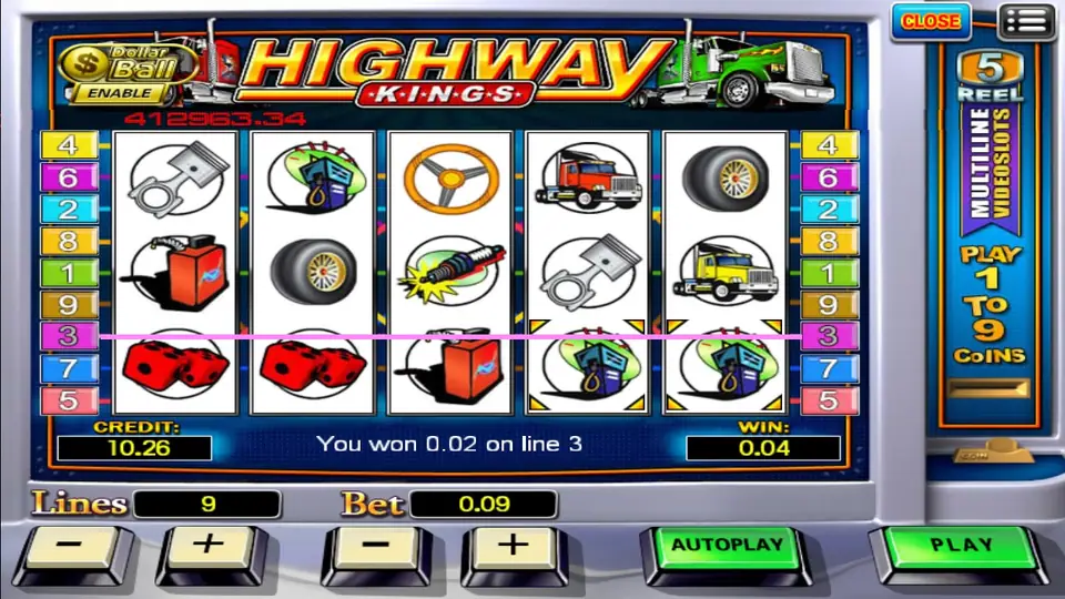 Highway Kings paytable showing the yellow and green truck values