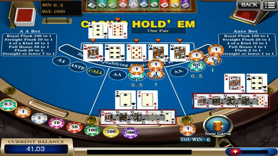Hold'em hand result screen comparing player and dealer hands