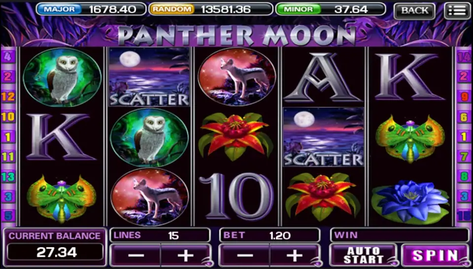 Panther Moon slot with black reels on a dark purple background