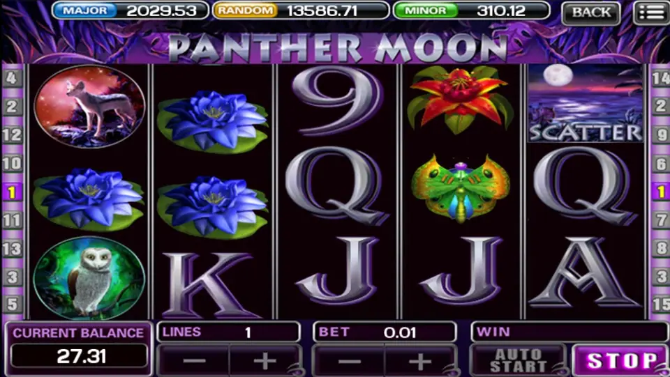 Panther Moon paytable screen listing symbol payouts