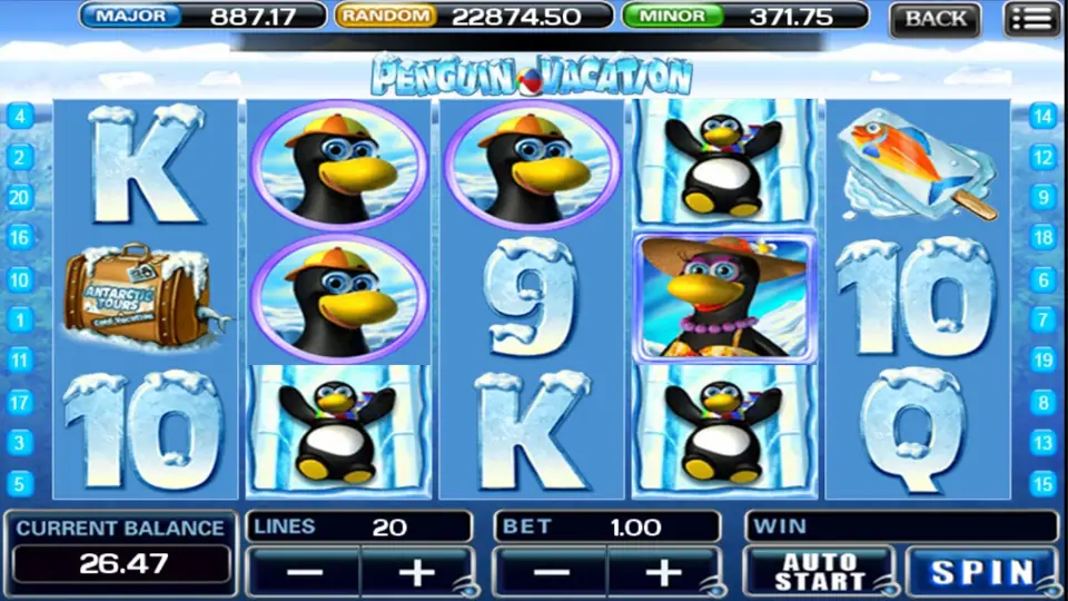 Penguin Vacation slot reels with the penguin family on an icy background