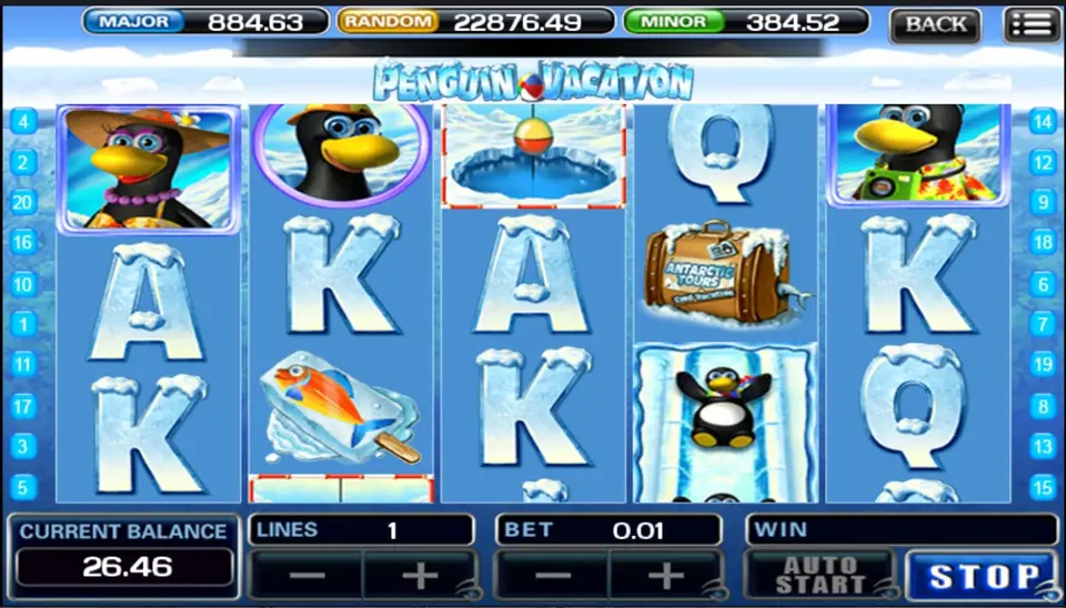 Penguin Vacation bet panel showing coin size and line bet settings