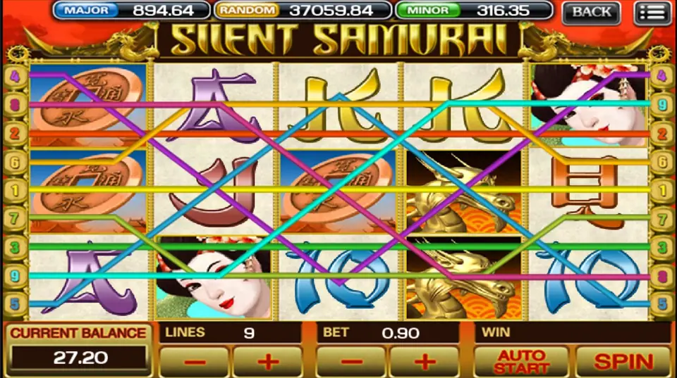 Silent Samurai slot with a samurai warrior beside red and gold reels