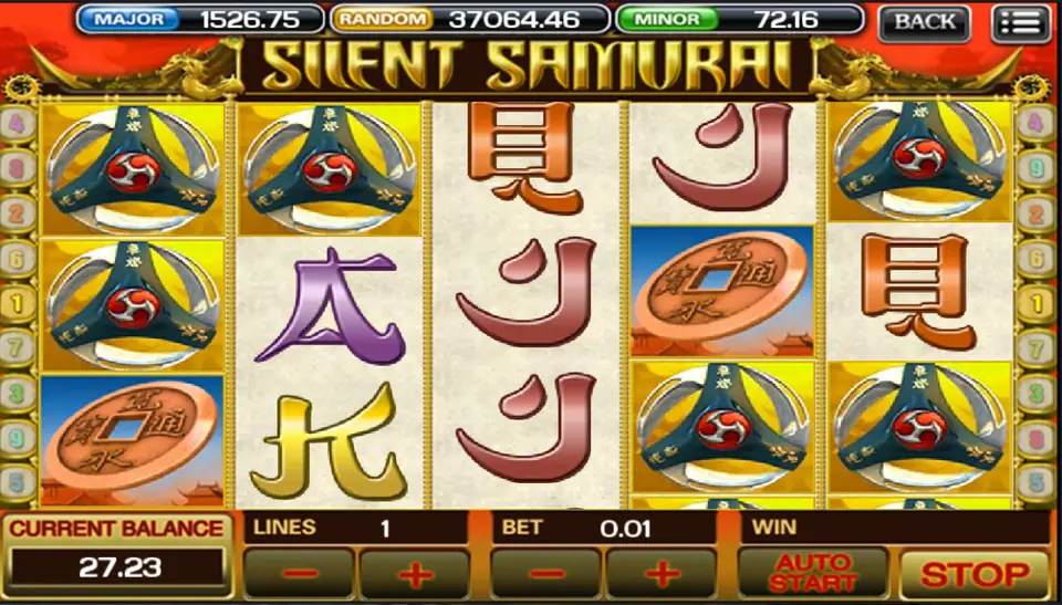 Calligraphy-style card symbols on the Silent Samurai reels