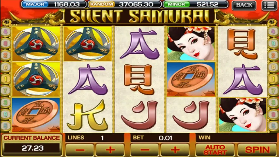 Silent Samurai paytable screen with symbol payouts