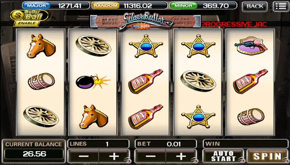Silver Bullet slot reels with Wild West symbols at sunset