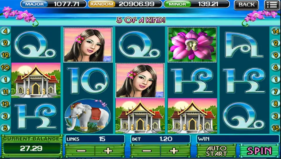 Thai Paradise slot reels with the pink flower and Thai symbols
