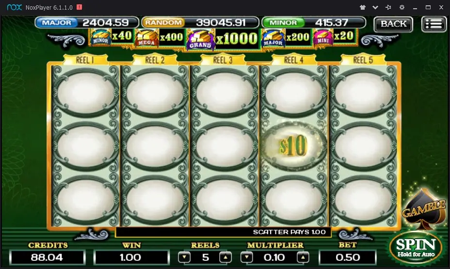 The Green Machine Deluxe slot reels on a green money-themed screen