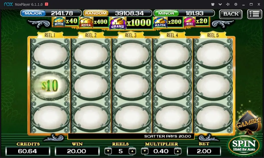 The Green Machine Deluxe main screen with five reels and three rows