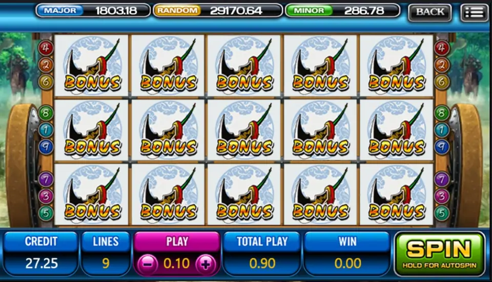 Three Kingdom slot with Chinese warlords beside the reels