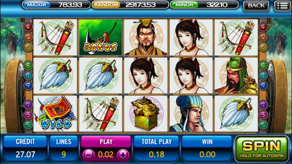 Three Kingdom reel grid showing the 20 fixed paylines
