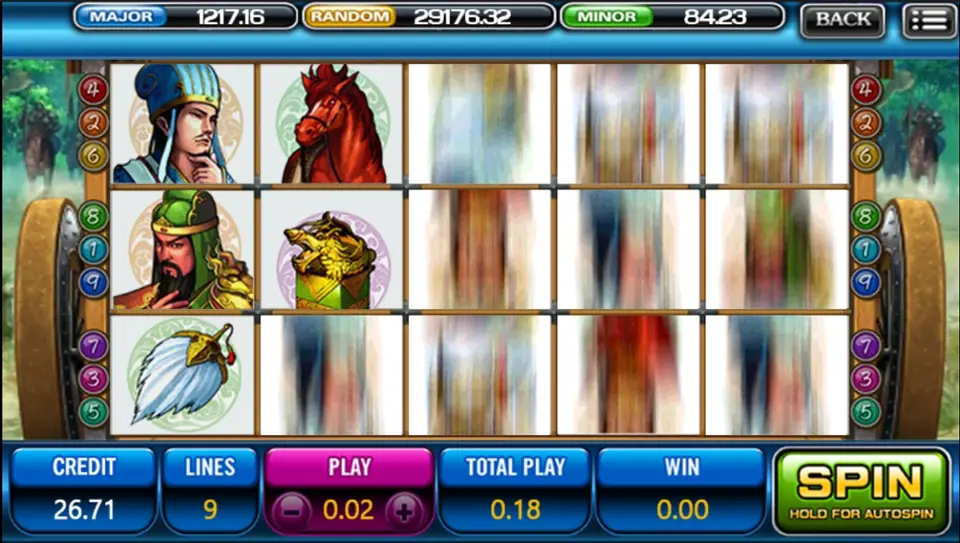 Three Kingdom paytable listing warlord and symbol payouts
