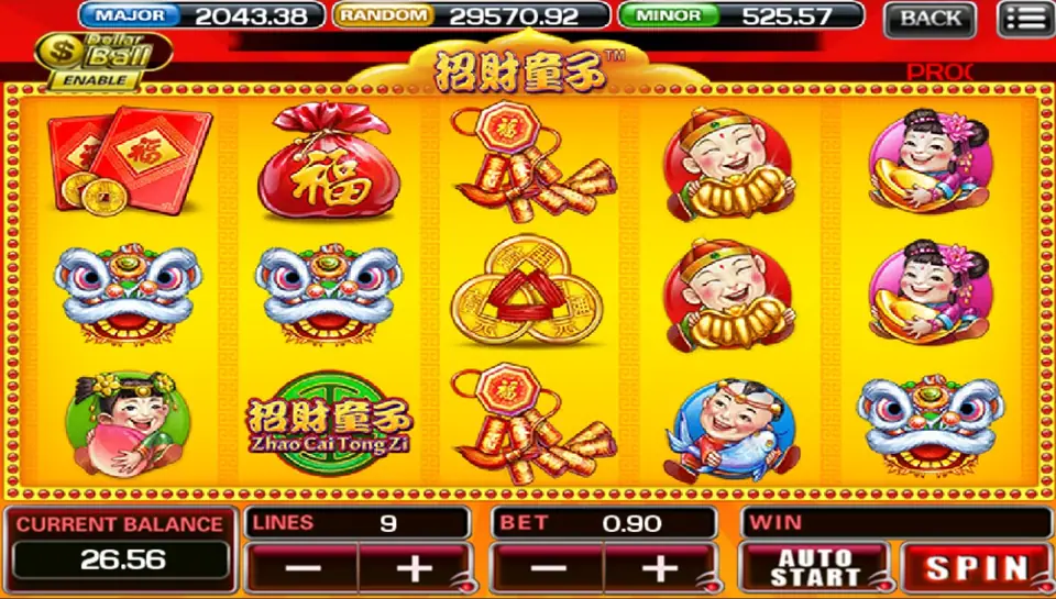 Zhao Cai Tong Zi slot with cartoon fortune characters and gold reels