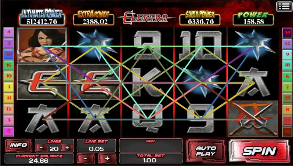 Elektra Marvel slot with the ninja assassin beside the reels