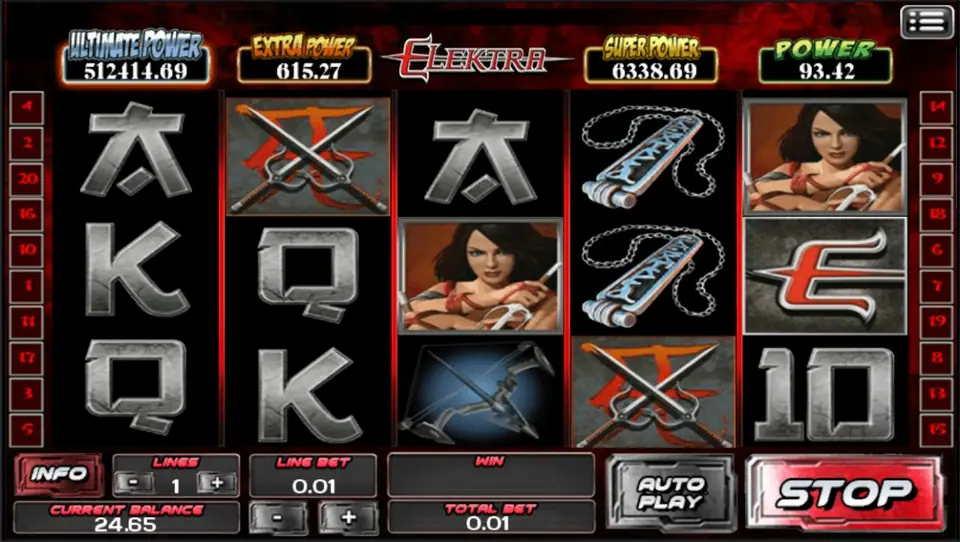Elektra slot main screen with Marvel-style reel symbols