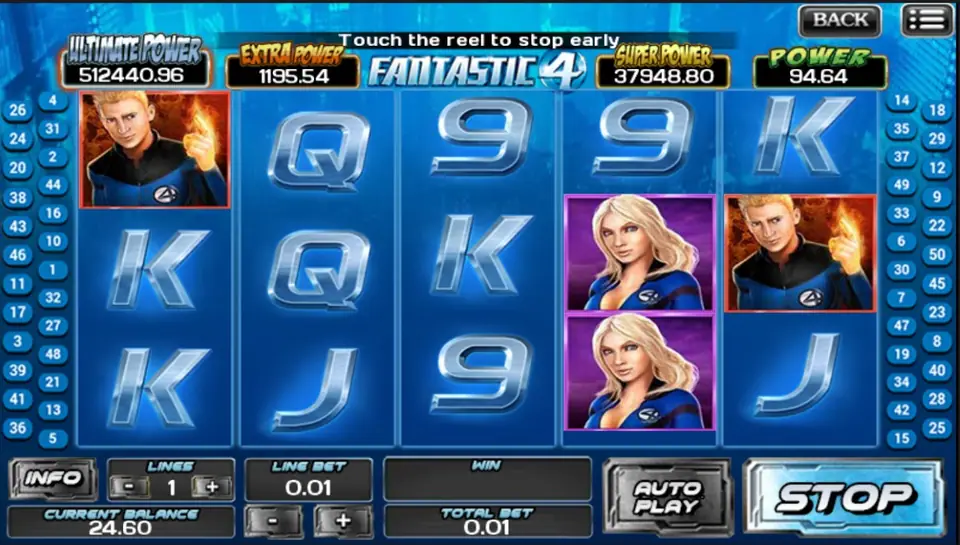 Fantastic 4 main reels with Marvel hero symbols