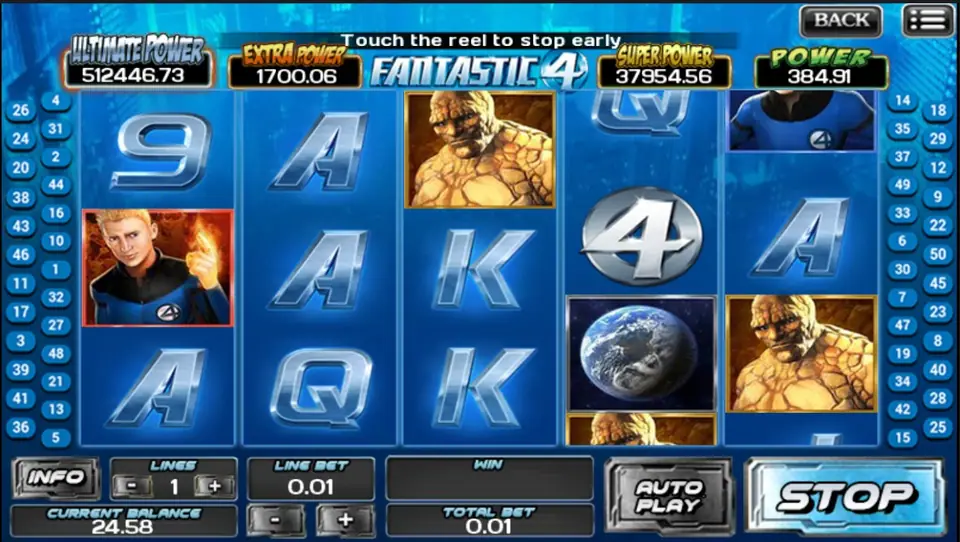 Fantastic 4 paytable with hero symbol values