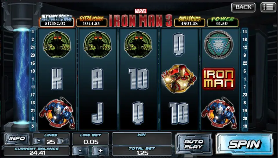 Iron Man 3 slot with Iron Man armour beside the reels