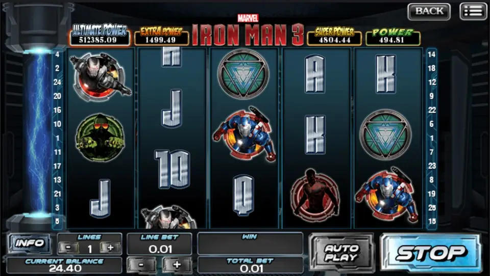 Iron Man 3 main reels with Marvel character symbols