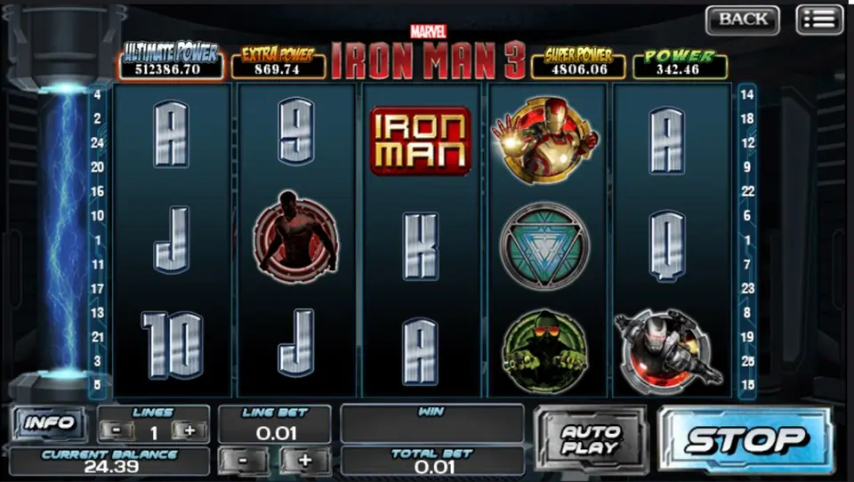 Iron Man 3 jackpot display with the four Marvel levels