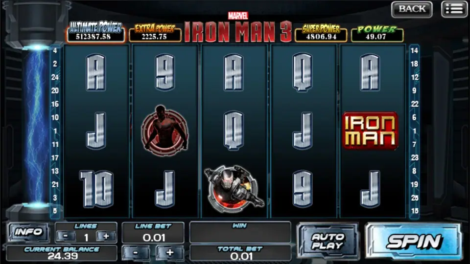 Iron Man 3 Marvel jackpot game screen