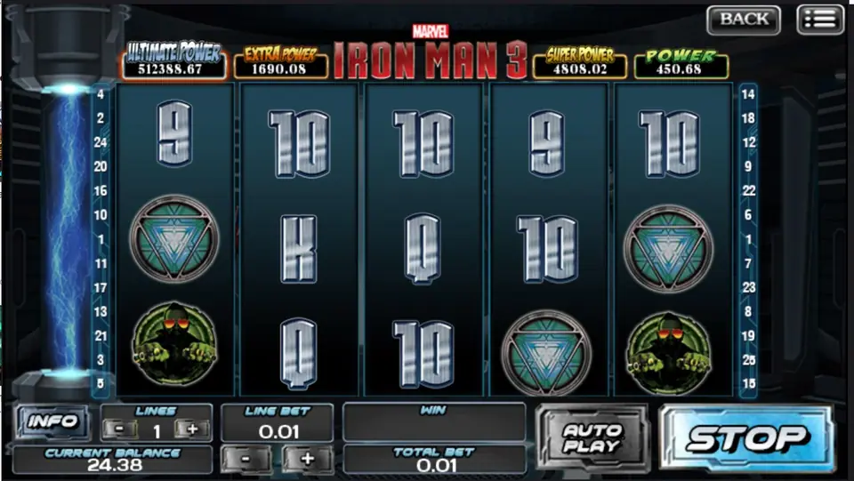 Iron Man 3 paytable screen showing symbol payouts