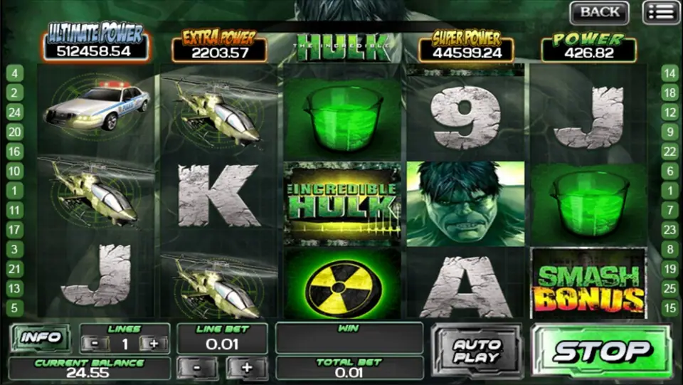 The Incredible Hulk slot reels with Hulk character symbols