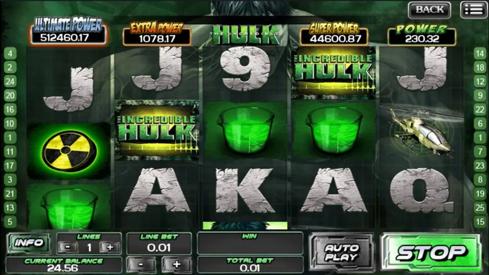The Incredible Hulk payline layout across five reels