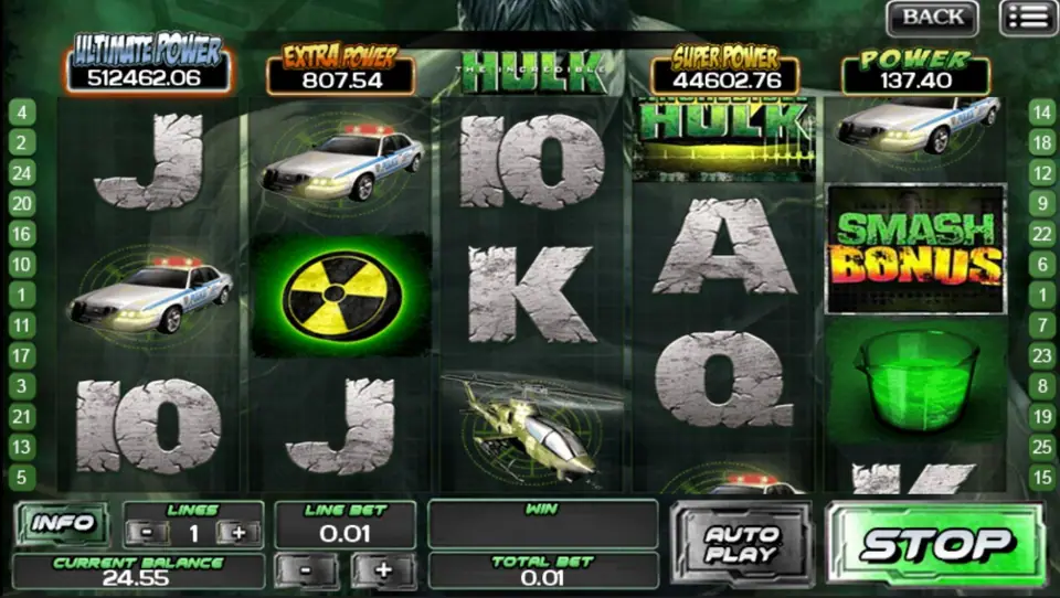 The Incredible Hulk paytable with symbol payouts