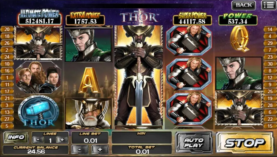 Thor wild symbol substituting to complete a payline