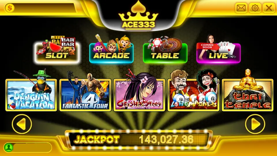 ACE333 game list on a phone showing slot titles