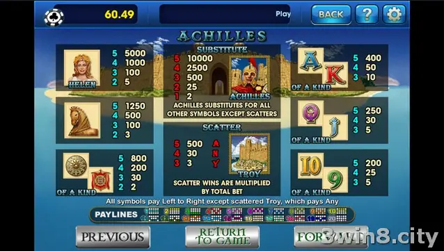 Achilles slot reels set against a Trojan city background