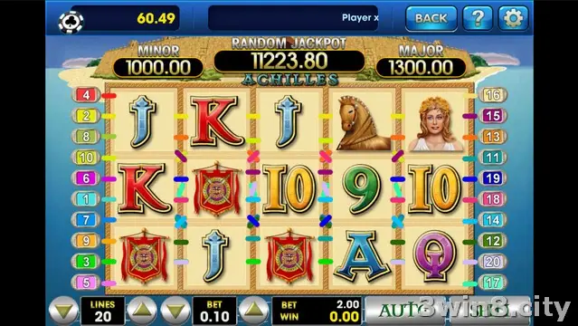 Achilles paytable listing Helen of Troy, the Trojan Horse and card symbols