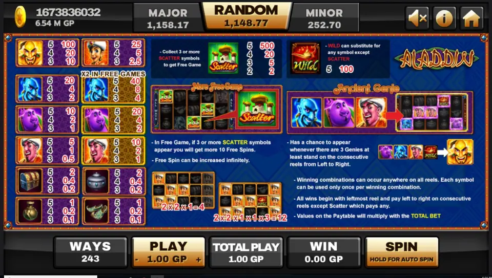 Aladdin help screen explaining the wild and scatter