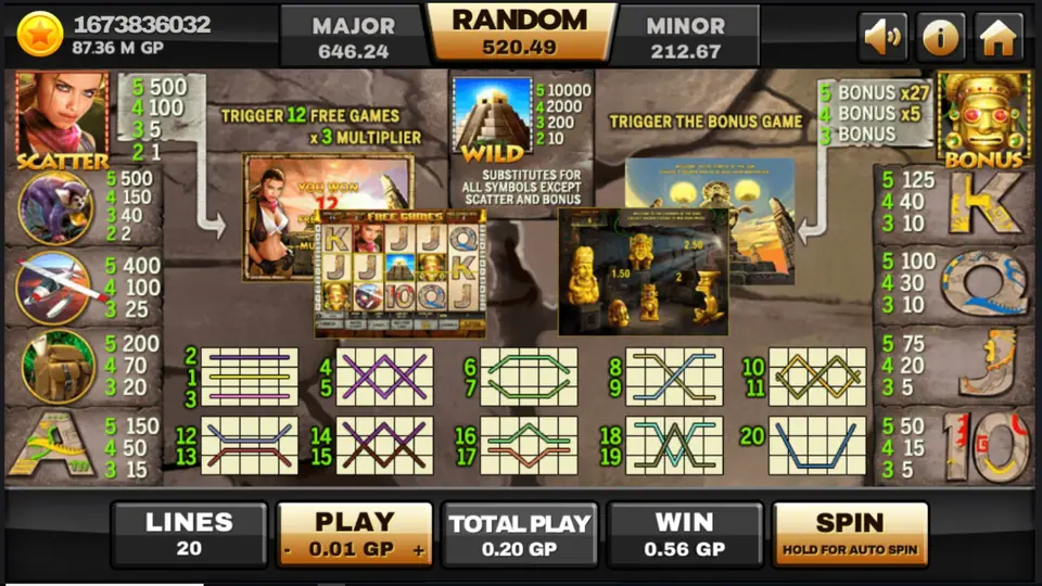 Azteca paytable showing Aztec symbol values