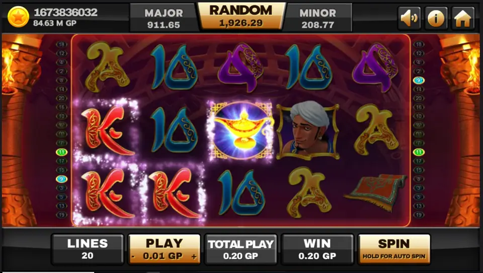 Genie paytable screen showing the MG logo wild and genie scatter