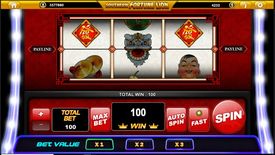 Red diamond scatter symbols with Chinese inscriptions in Southern Fortune Lion