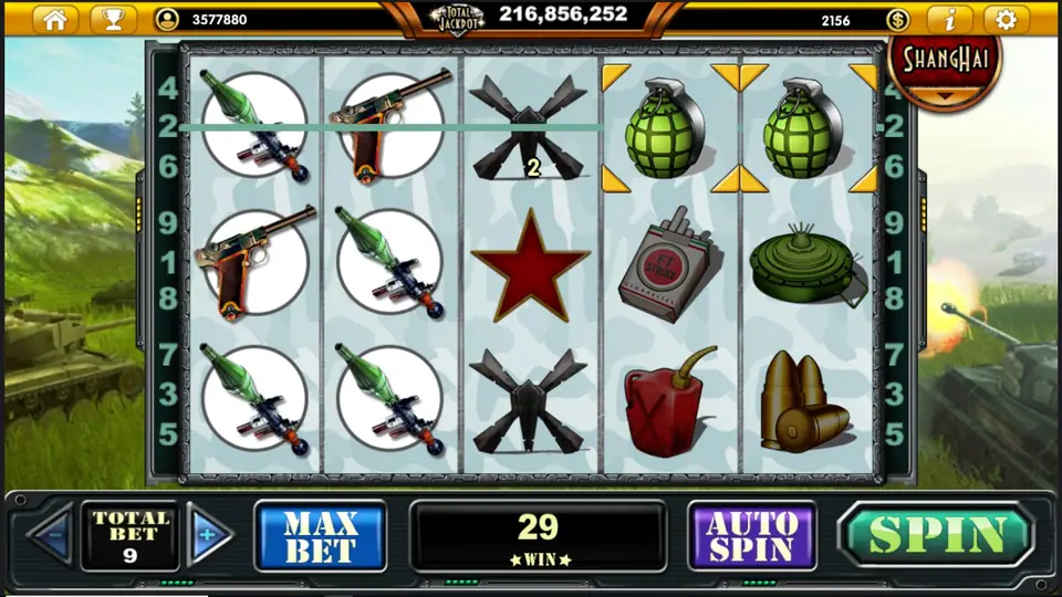 Tank Attack five-reel layout with 9 paylines on Live22