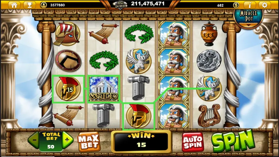 Zeus D'Mighty paytable with Greek symbol values