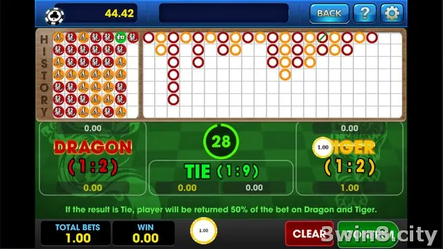 Long Hu betting panel showing chip values and the tie bet