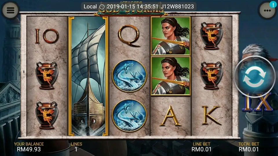 Age of the Gods God of Storm slot with the storm god beside the reels