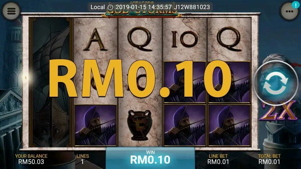 Four progressive jackpot values along the top of God of Storm