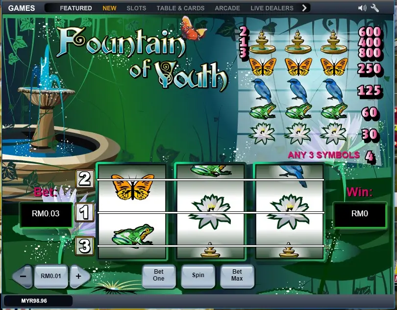 Fountain of Youth slot reels beside a magical fountain